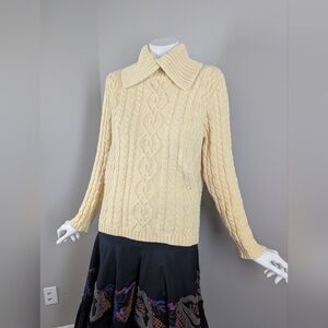 Jeanne Pierre Italian Cable Knit Sweater Yellow Cotton Statement Collar Medium